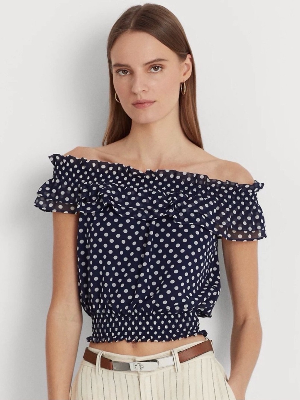 Lauren Ralph Lauren Navy Polka Dot Off-Shoulder Ruffle Blouse Size L